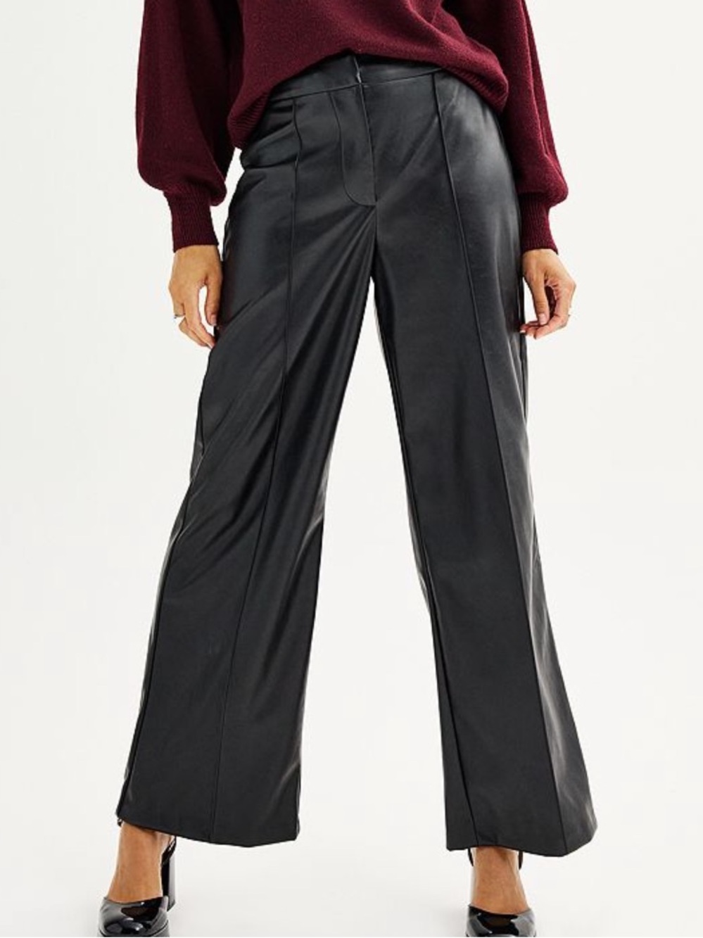 NINE WEST FAUX LEATHER MINERAL BLACK WIDE LEG PLEATED PANTS SZ 12 NWT